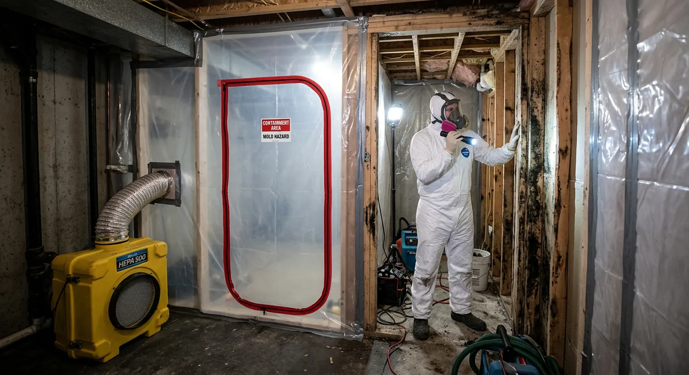 Technician in protective suit inspecting mold on basement framing inside a plastic containment barrier